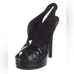 FENDI “Cindy” Black Peeptoe Patent Leather & Suede Slingback Heels ~ 35.5 (5 US)